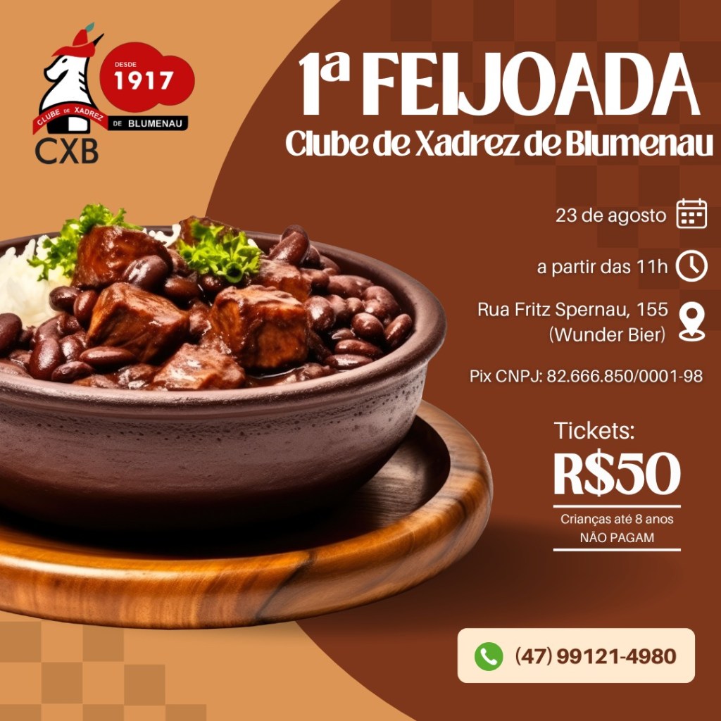 Xadrez e feijoada: O clube une sabor e esporte em evento&nbsp;solidário